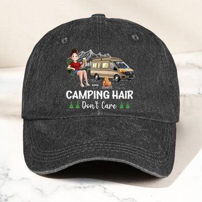Camping Hair Don't Care - Personalized Distressed Denim Cap