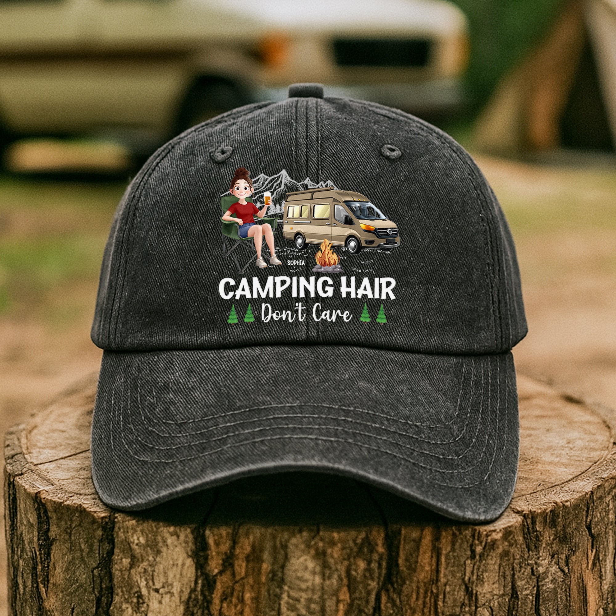 Camping Hair Don't Care - Personalized Distressed Denim Cap