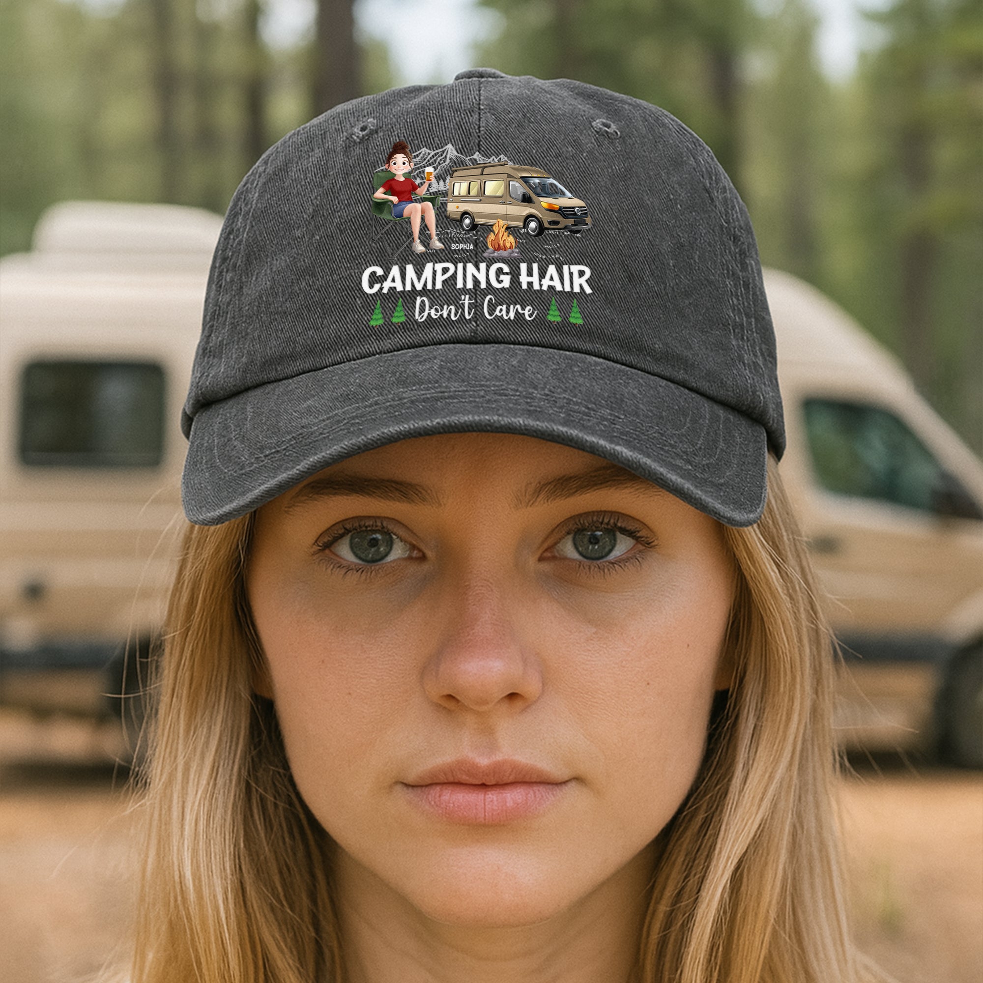 Camping Hair Don't Care - Personalized Distressed Denim Cap