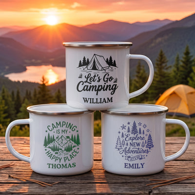 Camping Mug, Family Travel Camper Custom Monogram, Name Adventure Enamel Mug - Personalized Mugs