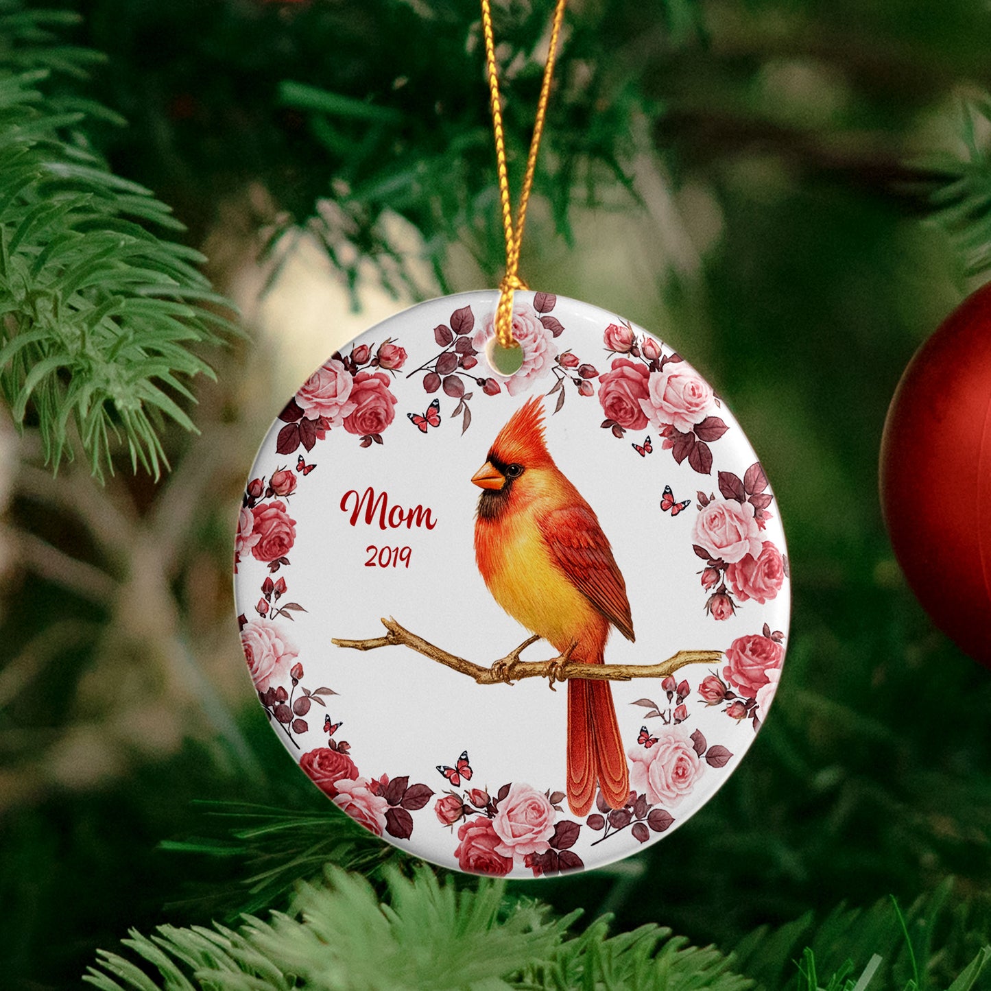 Cardinal Floral Frame Memorial - Personalized Ceramic Ornament