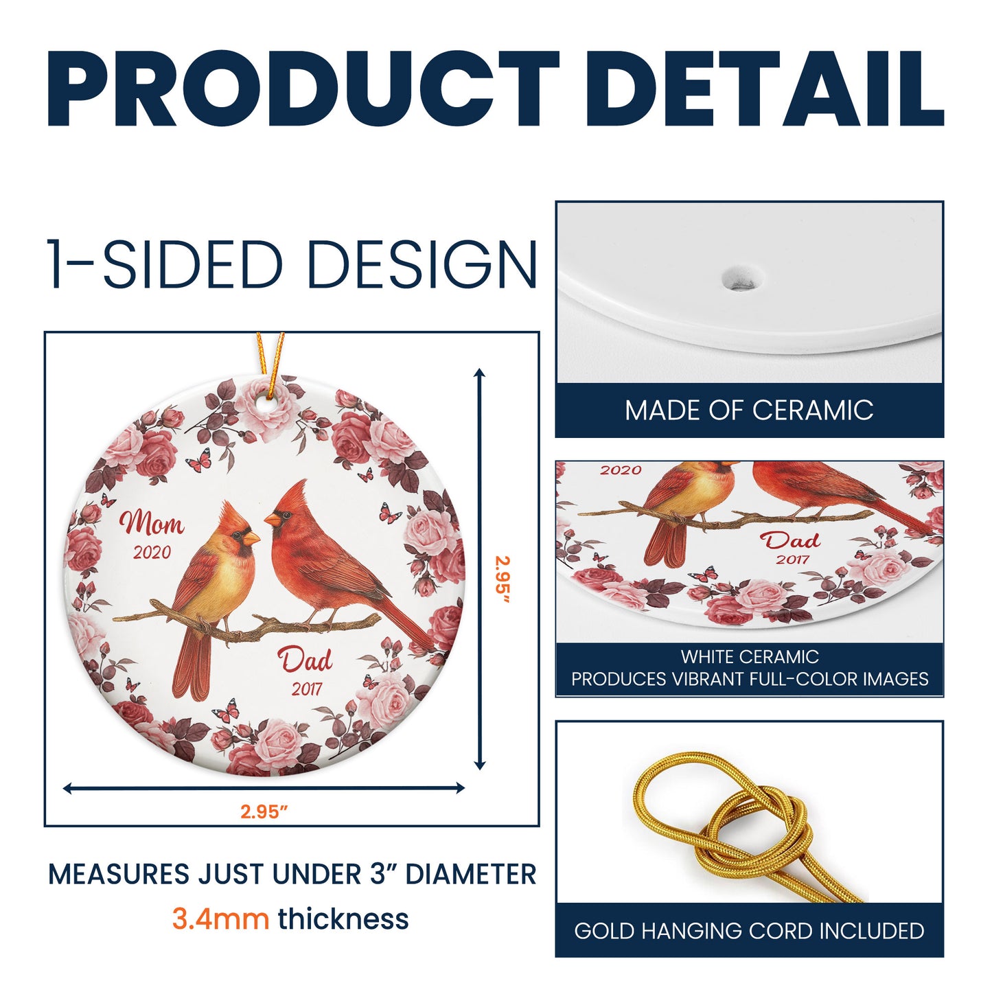 Cardinal Floral Frame Memorial - Personalized Ceramic Ornament