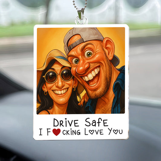 Caricature Couple Photo, Funny Anniversary Gift - Personalized Photo Rear View Mirror Accessory