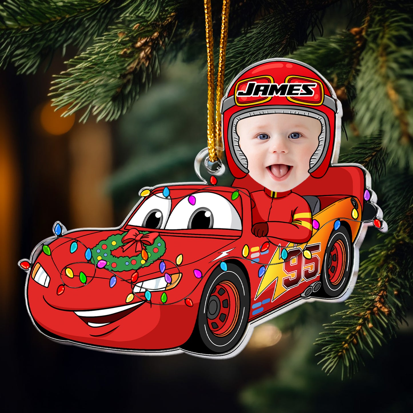 Cartoon Car Christmas Ornament For Kid - Personalized Acrylic Photo Ornament