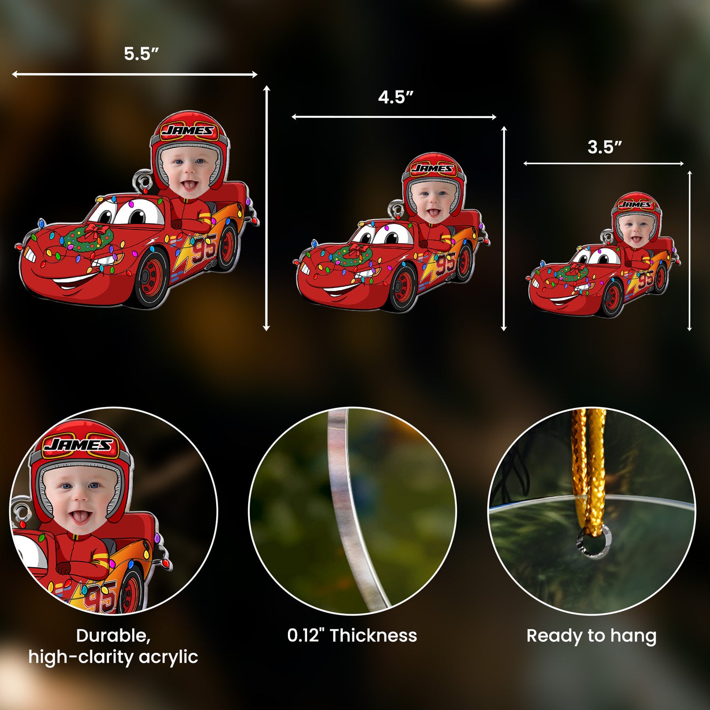 Cartoon Car Christmas Ornament For Kid - Personalized Acrylic Photo Ornament