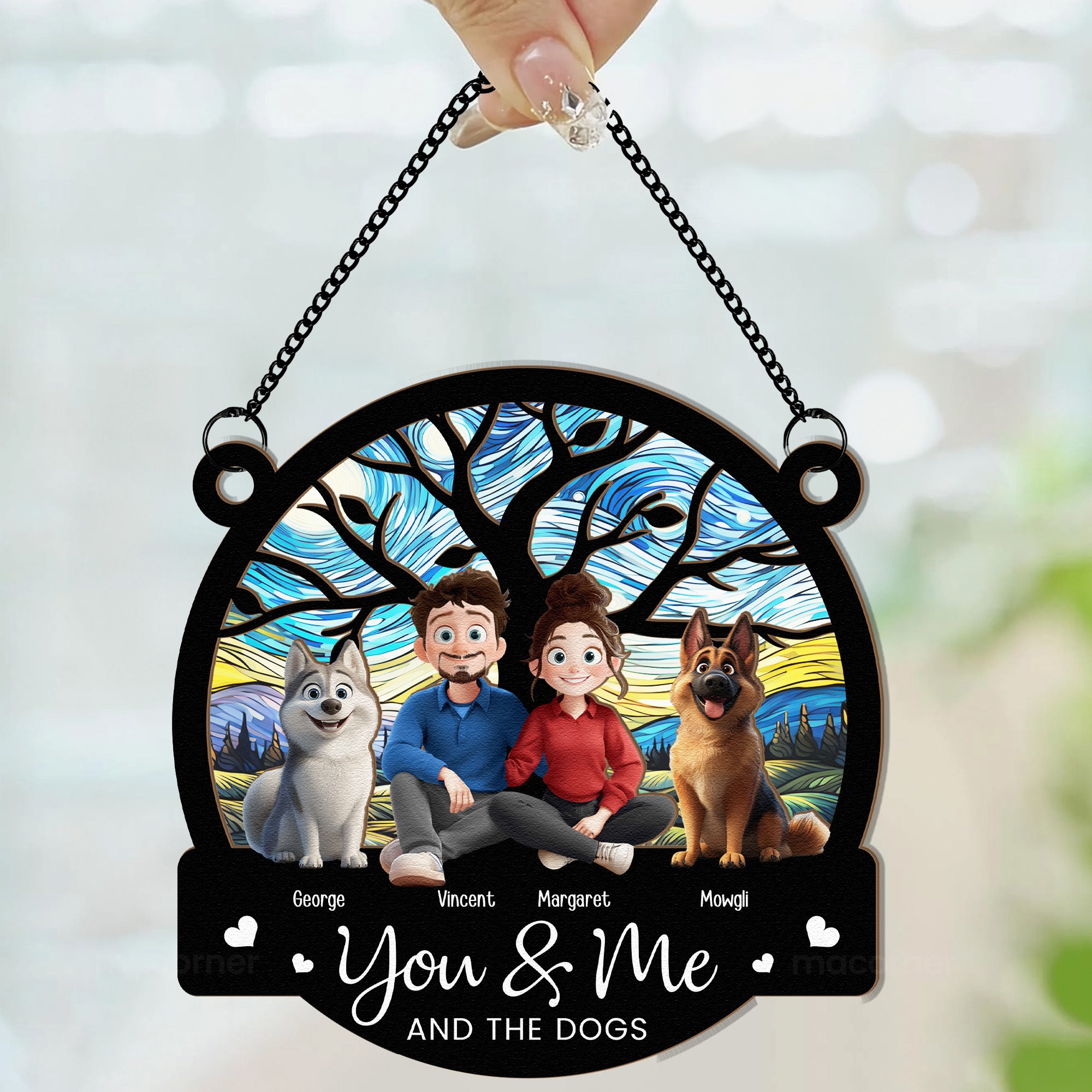 Cartoon Version You & Me And The Dogs - Personalized Window Hanging Suncatcher Ornament