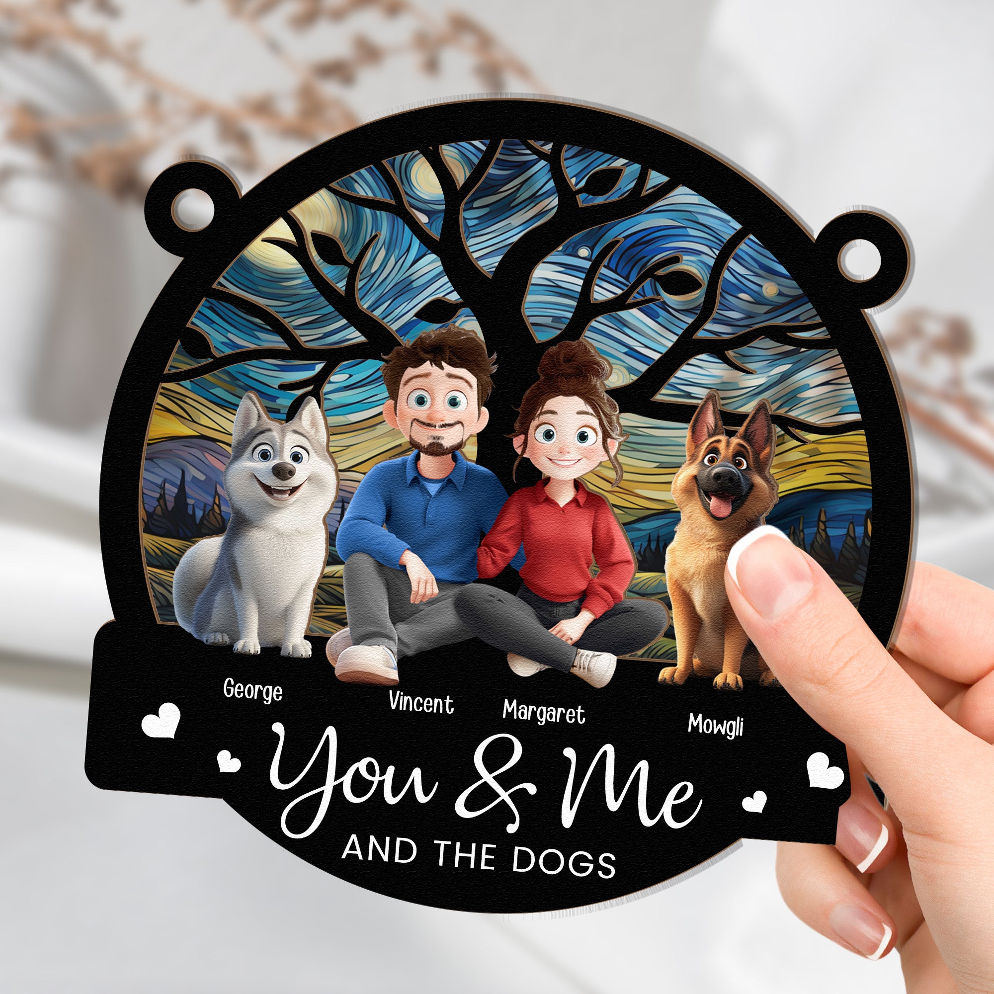 Cartoon Version You & Me And The Dogs - Personalized Window Hanging Suncatcher Ornament