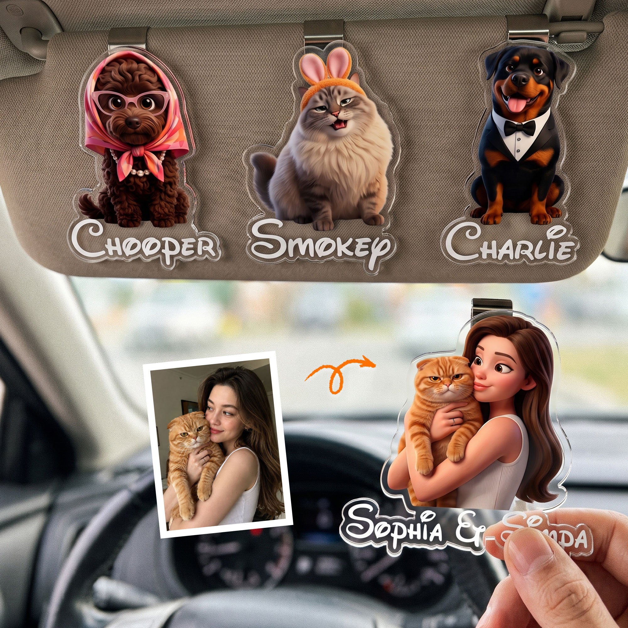 Cartoon-Your-Pet-Cute-Gifts-For-Dog-Mom,-Cat-Mom-Personalized-Car-Visor-Clip-1