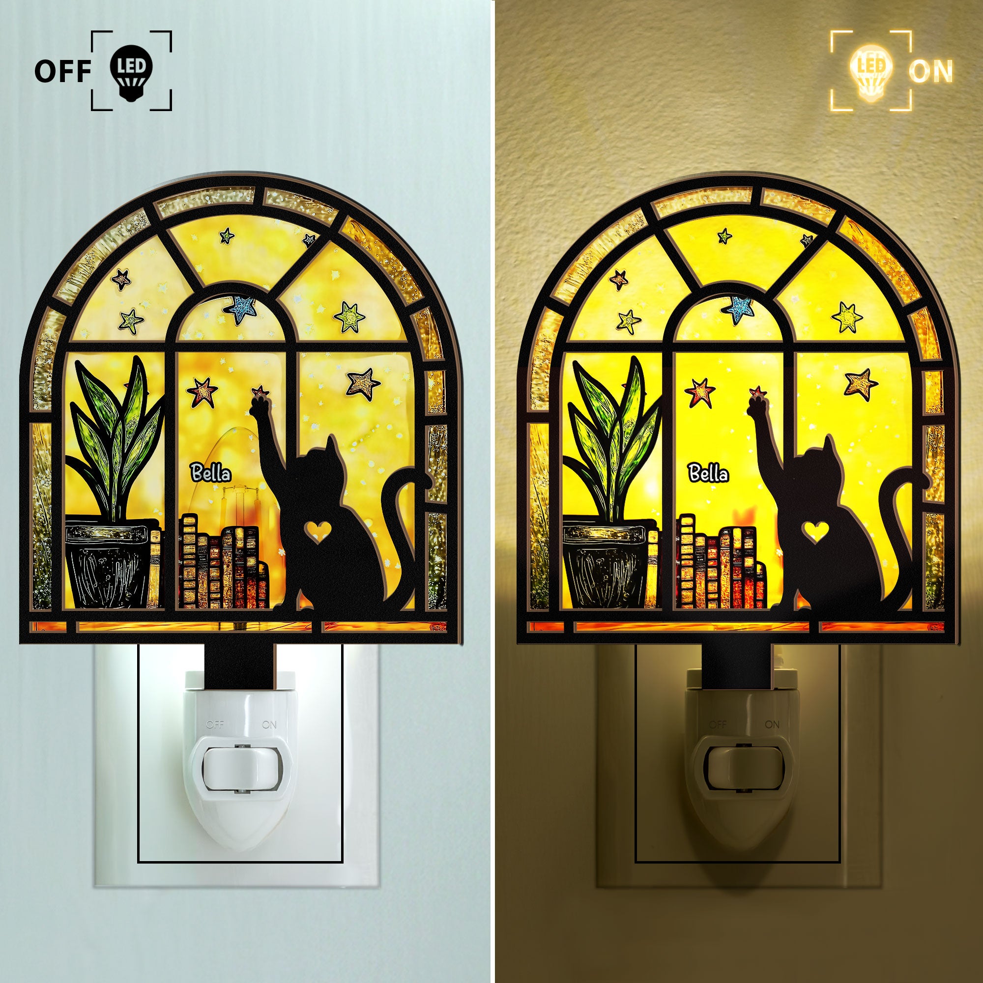 Cat And Books - Personalized Wood And Acrylic Night Light