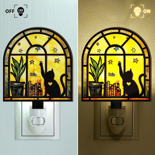 Cat And Books - Personalized Wood And Acrylic Night Light