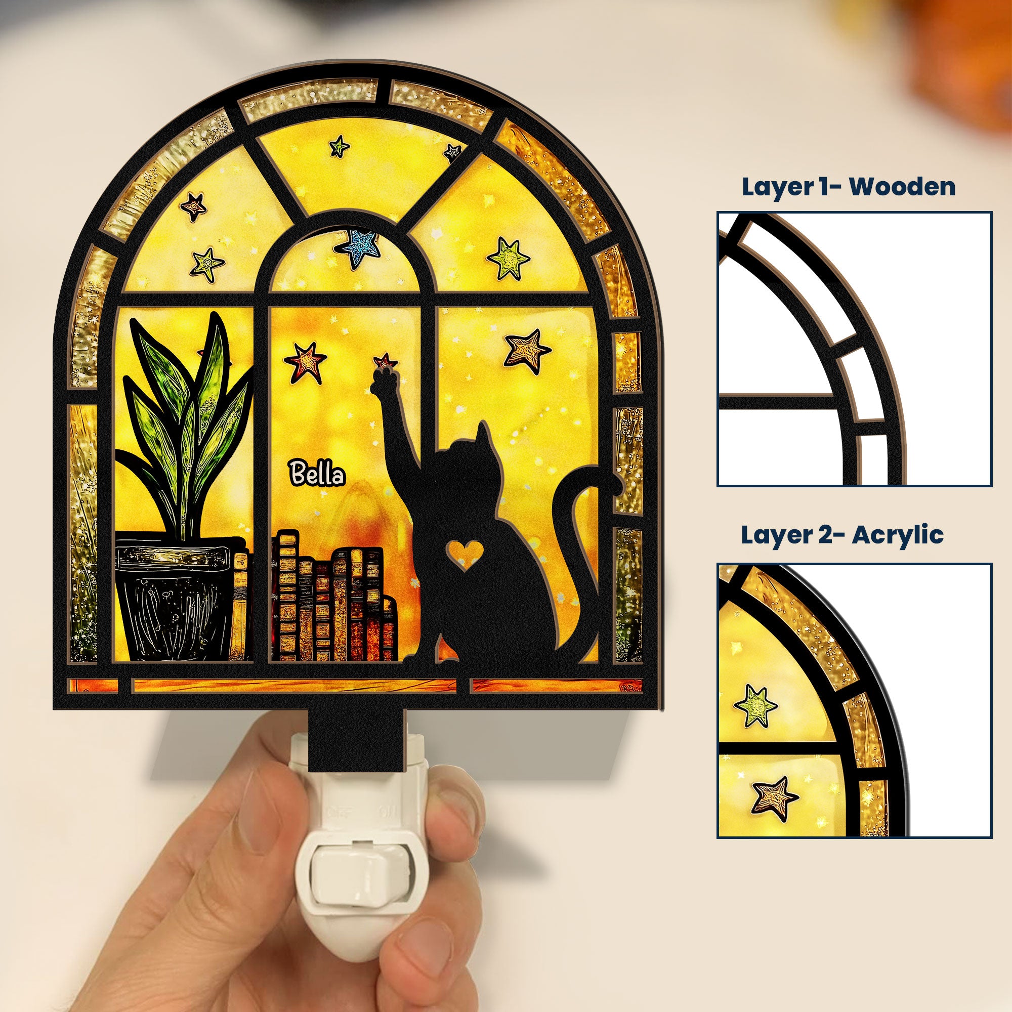Cat And Books - Personalized Wood And Acrylic Night Light