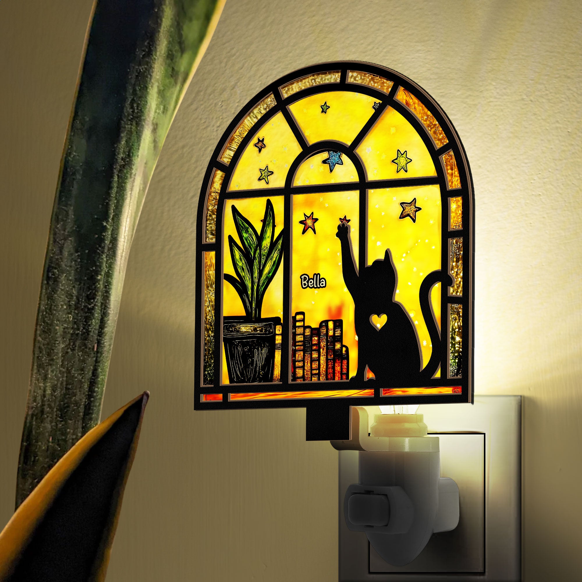 Cat And Books - Personalized Wood And Acrylic Night Light