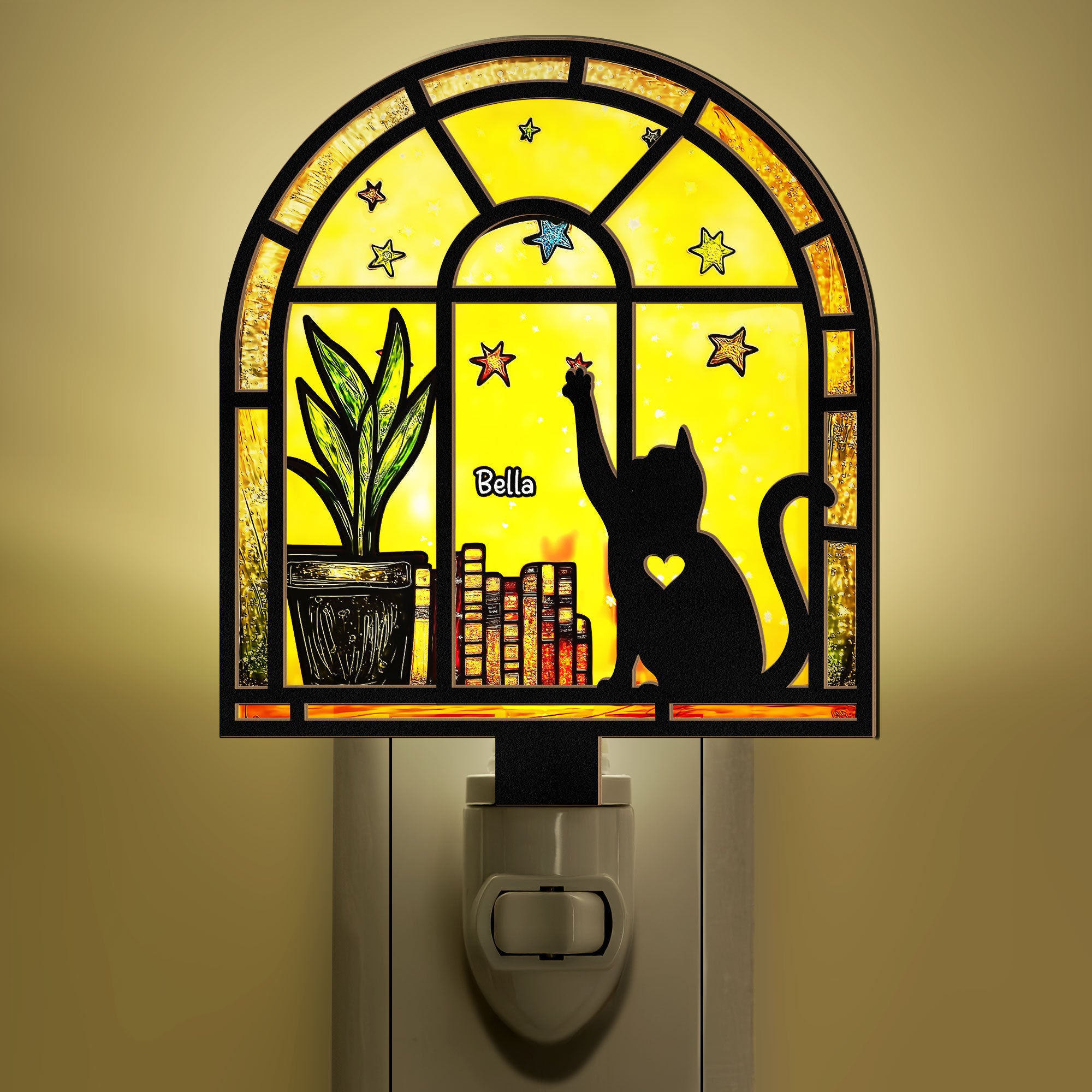 Cat And Books - Personalized Wood And Acrylic Night Light