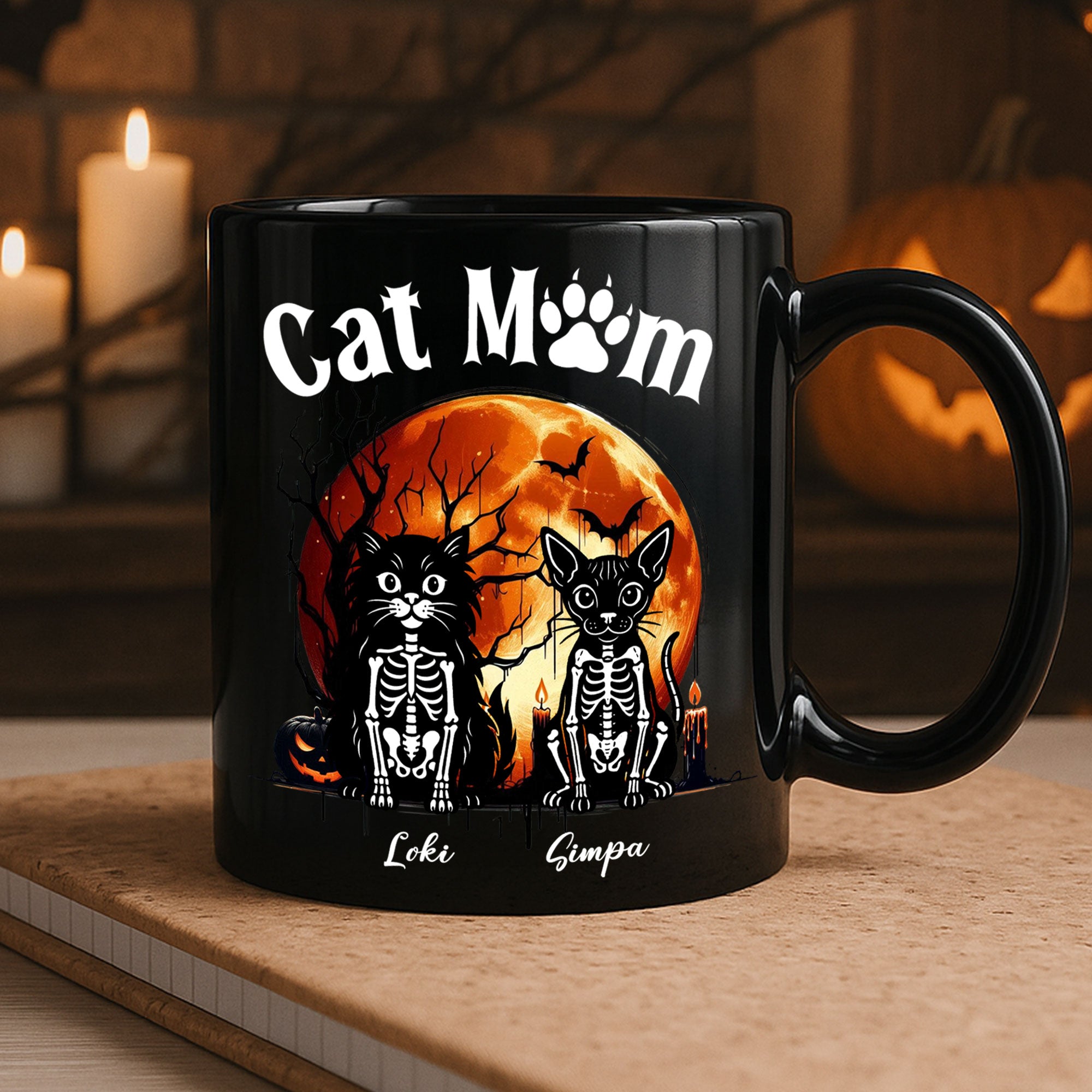 Cat Dog Pet Skeleton Halloween Moon - Personalized Mug