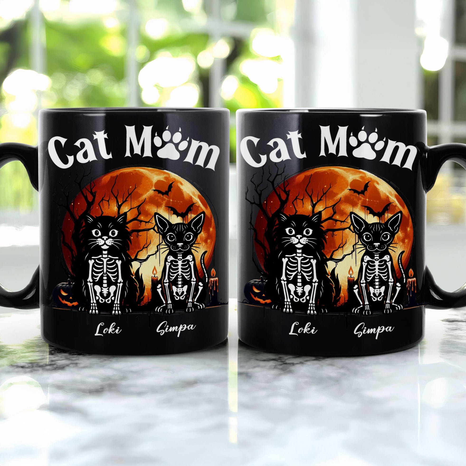 Cat Dog Pet Skeleton Halloween Moon - Personalized Mug