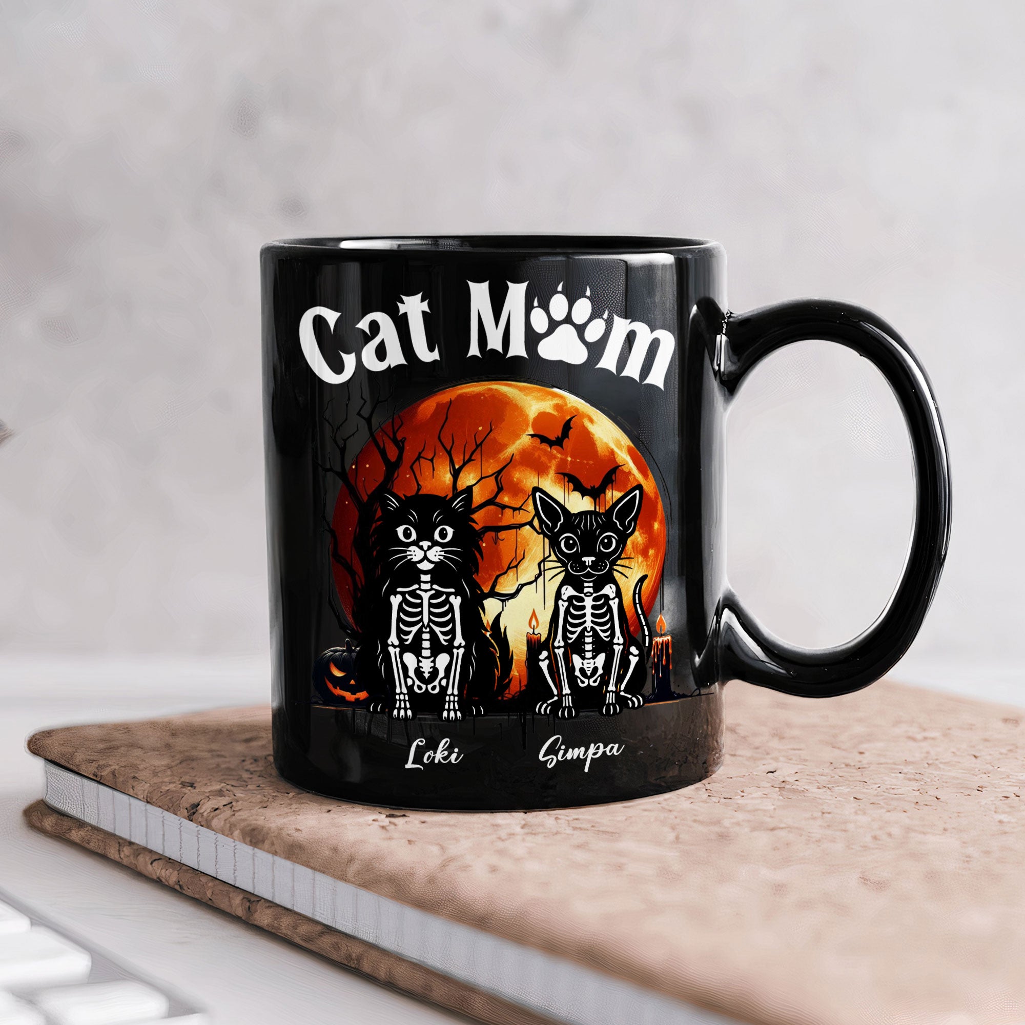 Cat Dog Pet Skeleton Halloween Moon - Personalized Mug