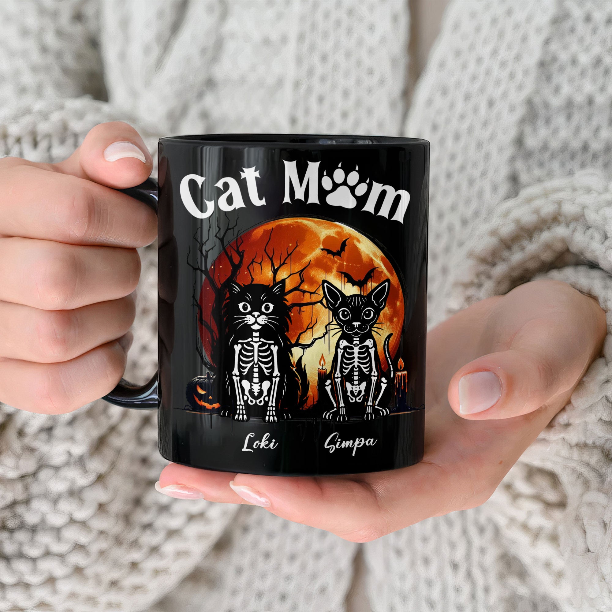 Cat Dog Pet Skeleton Halloween Moon - Personalized Mug