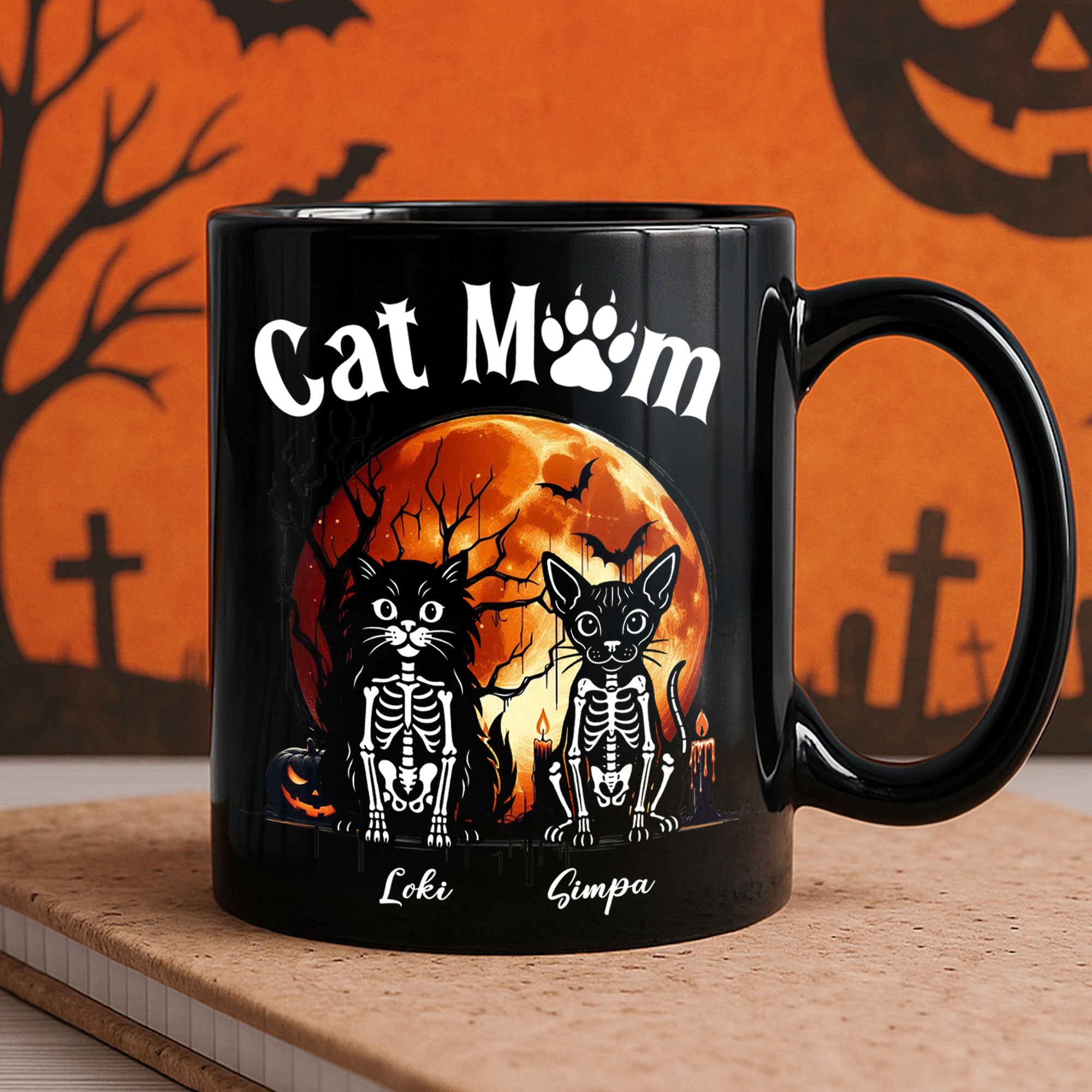 Cat Dog Pet Skeleton Halloween Moon - Personalized Mug