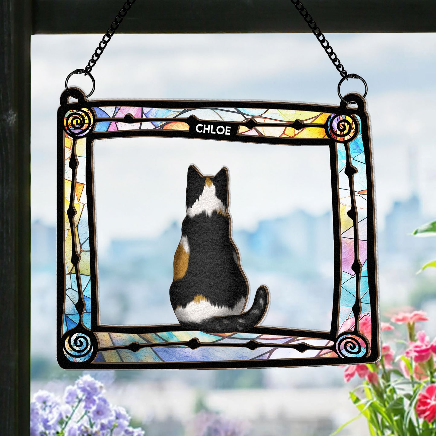Cat Sitting In Frame - Personalized Window Hanging Suncatcher Ornament