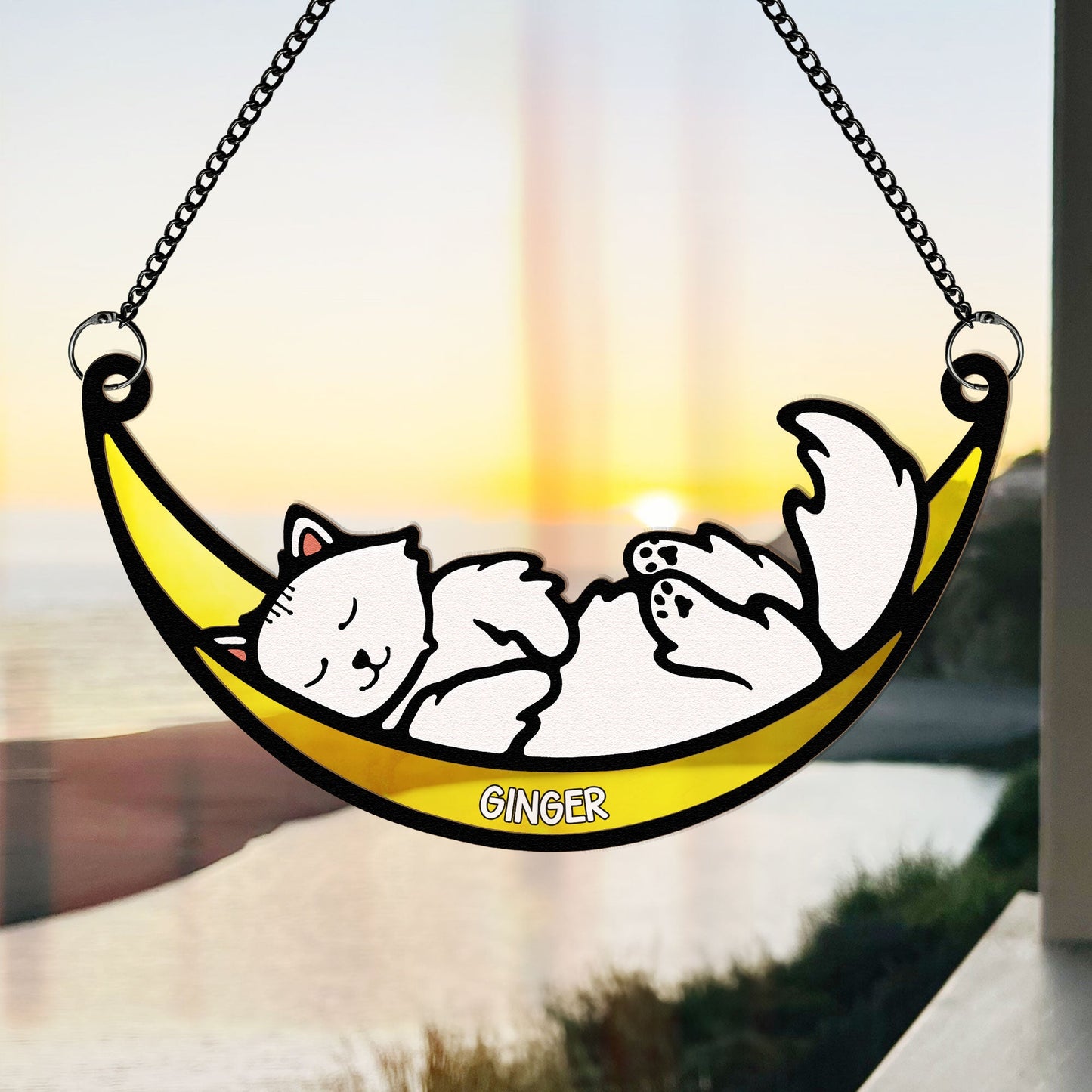 Cat In Moon - Personalized Window Hanging Suncatcher Ornament