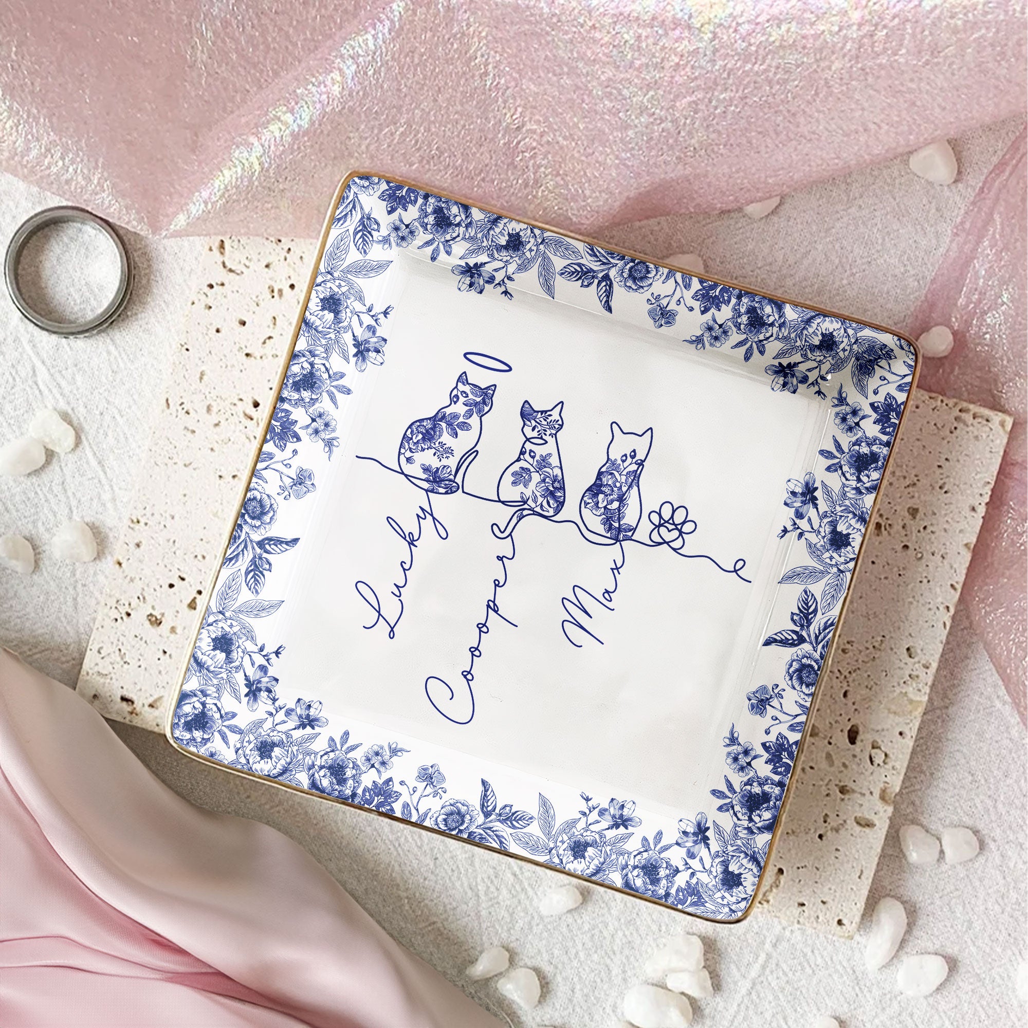 Cat Line Art Toile De Jouy Style Gift For Cat Lovers - Personalized Jewelry Dish