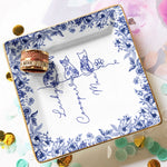 Cat Line Art Toile De Jouy Style Gift For Cat Lovers - Personalized Jewelry Dish