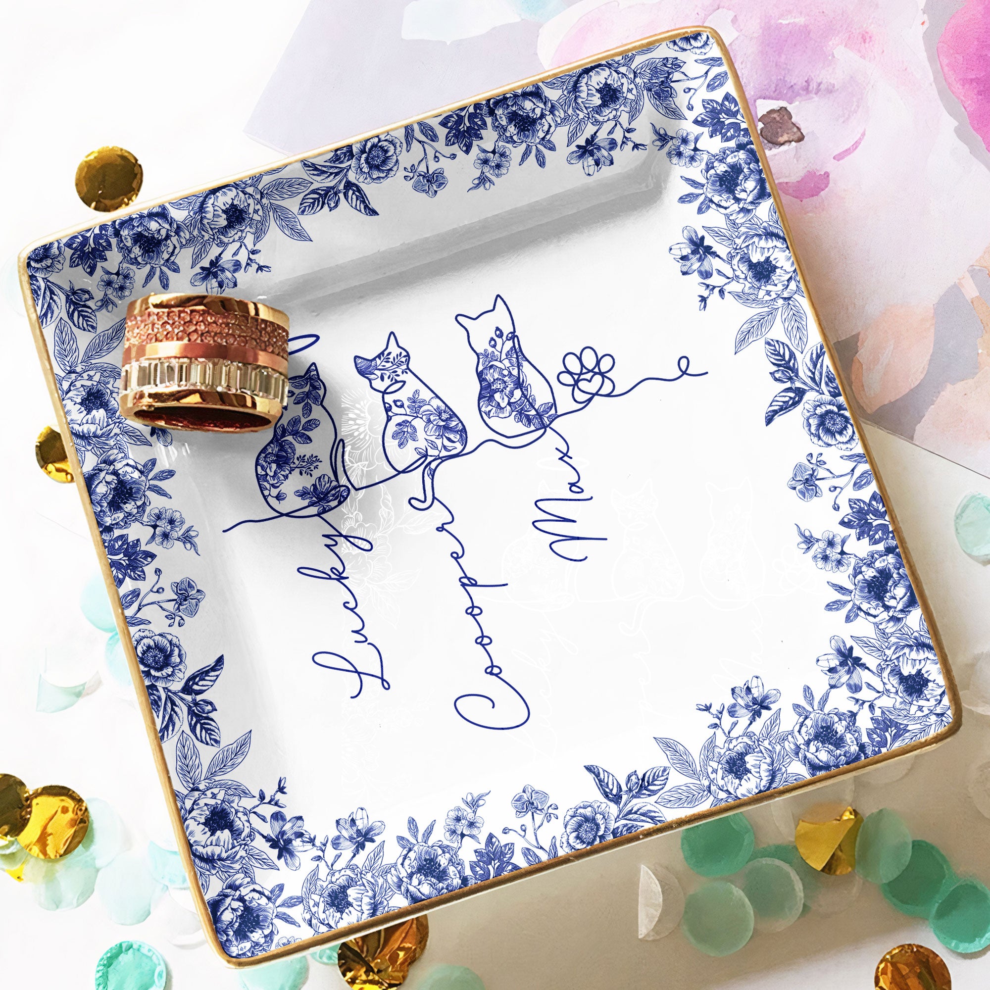Cat Line Art Toile De Jouy Style Gift For Cat Lovers - Personalized Jewelry Dish