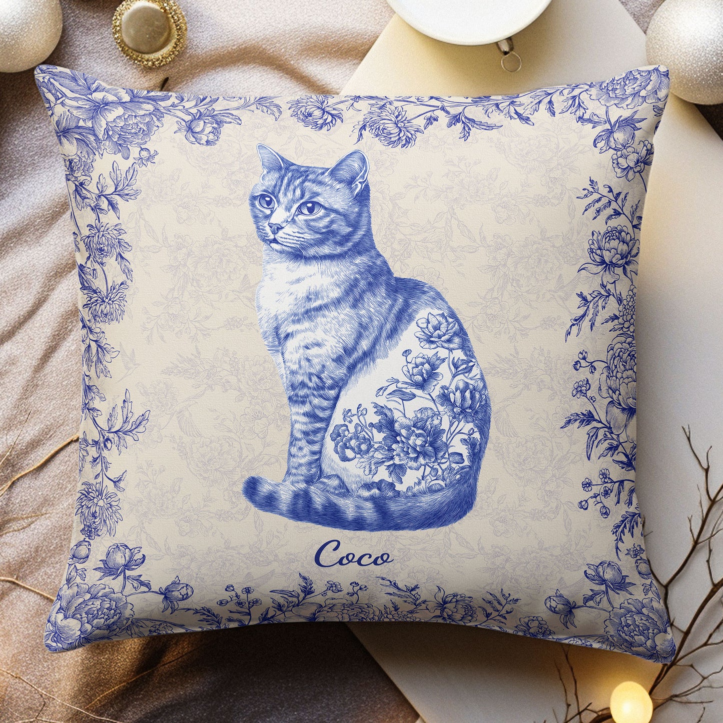 Cat Lover Chinoiserie Toile De Jouy Style - Personalized Pillow (Insert Included)