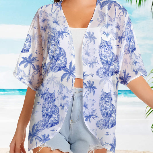 Cat Lover Toile De Jouy Style - Personalized Kimono Cover Up