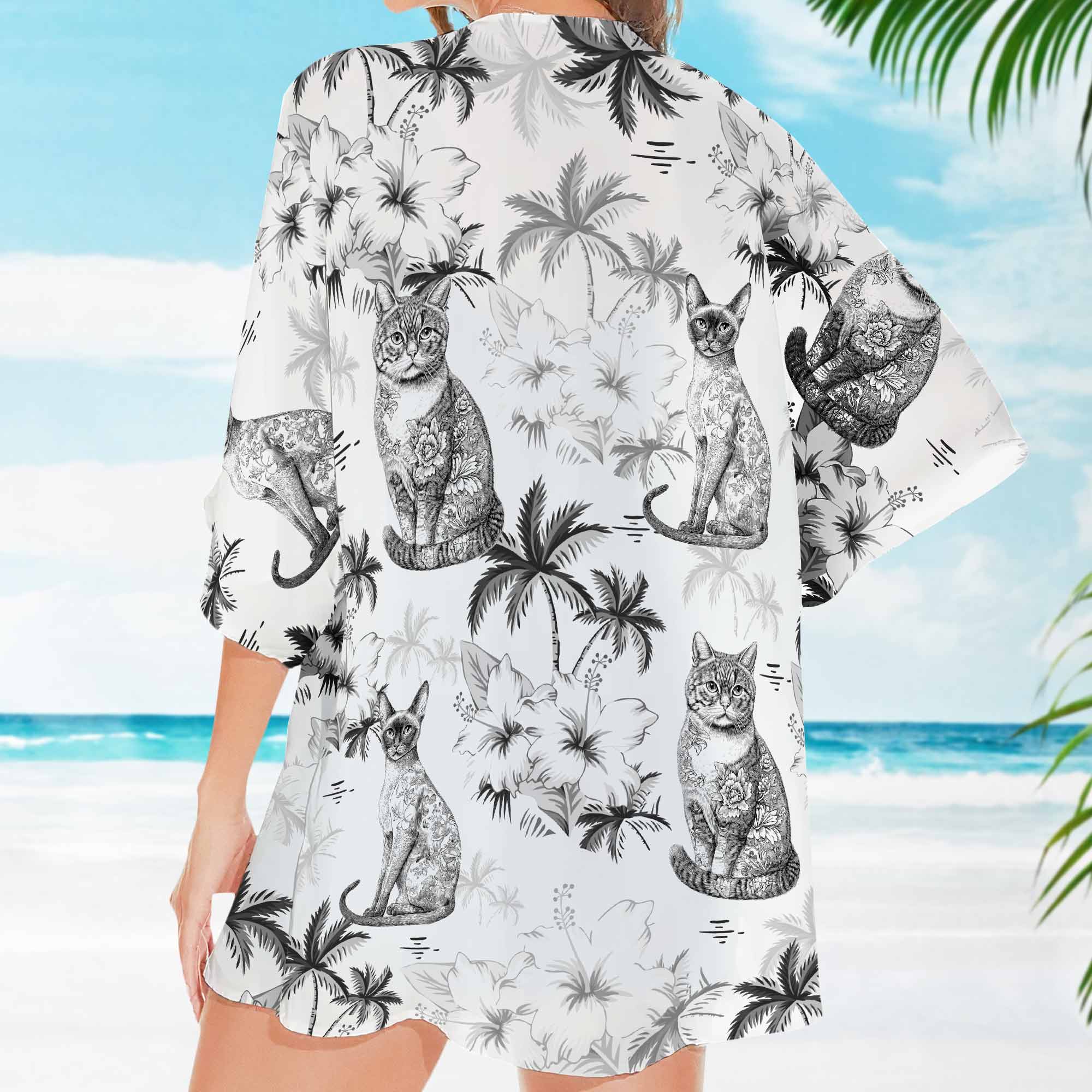 Cat Lover Toile De Jouy Style - Personalized Kimono Cover Up