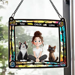 Cat Mom And Her Cats - Personalized Window Hanging Suncatcher Ornament