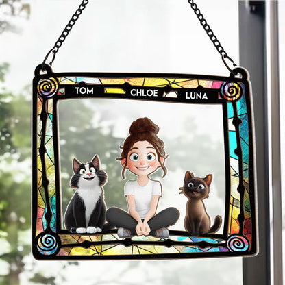 Cat Mom And Her Cats - Personalized Window Hanging Suncatcher Ornament