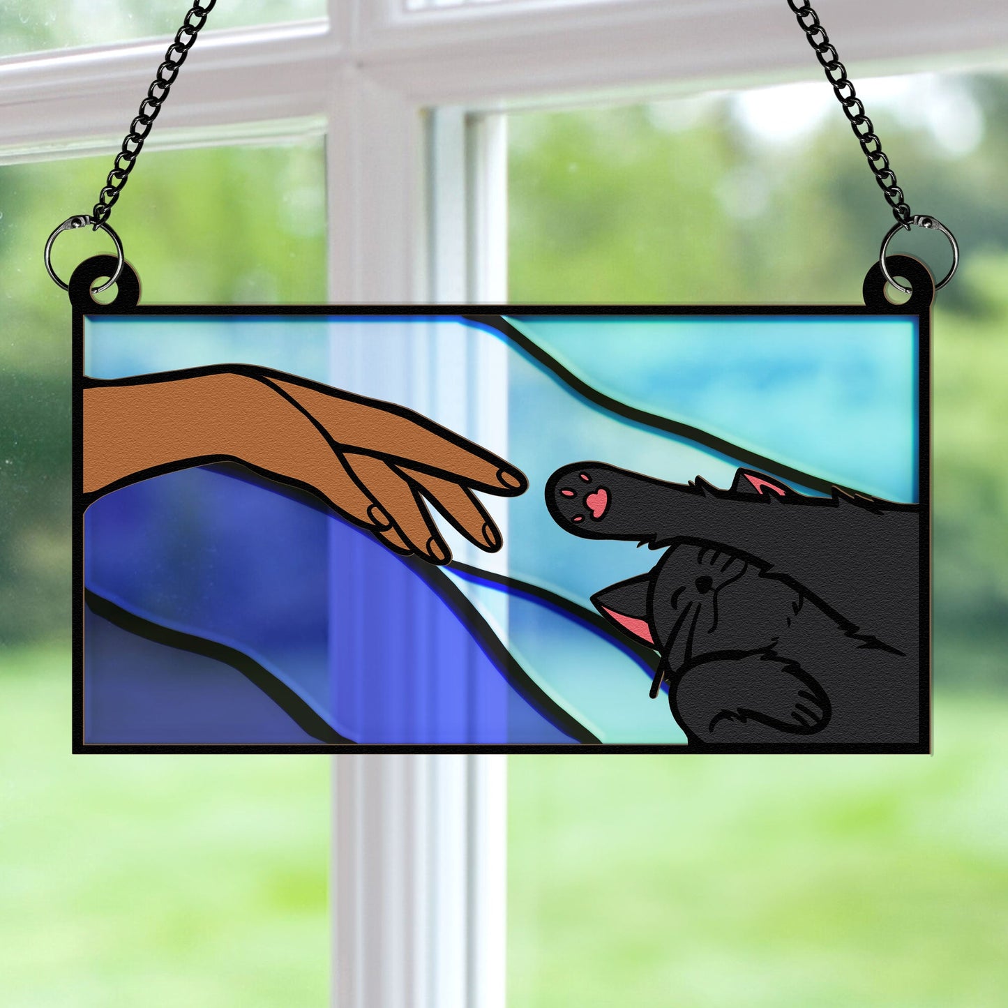 Cat Reaching For Hand - Personalized Window Hanging Suncatcher Ornament