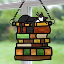Cat Sleeping On Books - Personalized Window Hanging Suncatcher Ornament