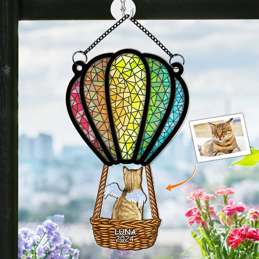 Cat Flying With Air Balloon - Personalized Window Hanging Suncatcher Ornament