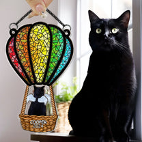 Cat Flying With Air Balloon - Personalized Window Hanging Suncatcher Ornament