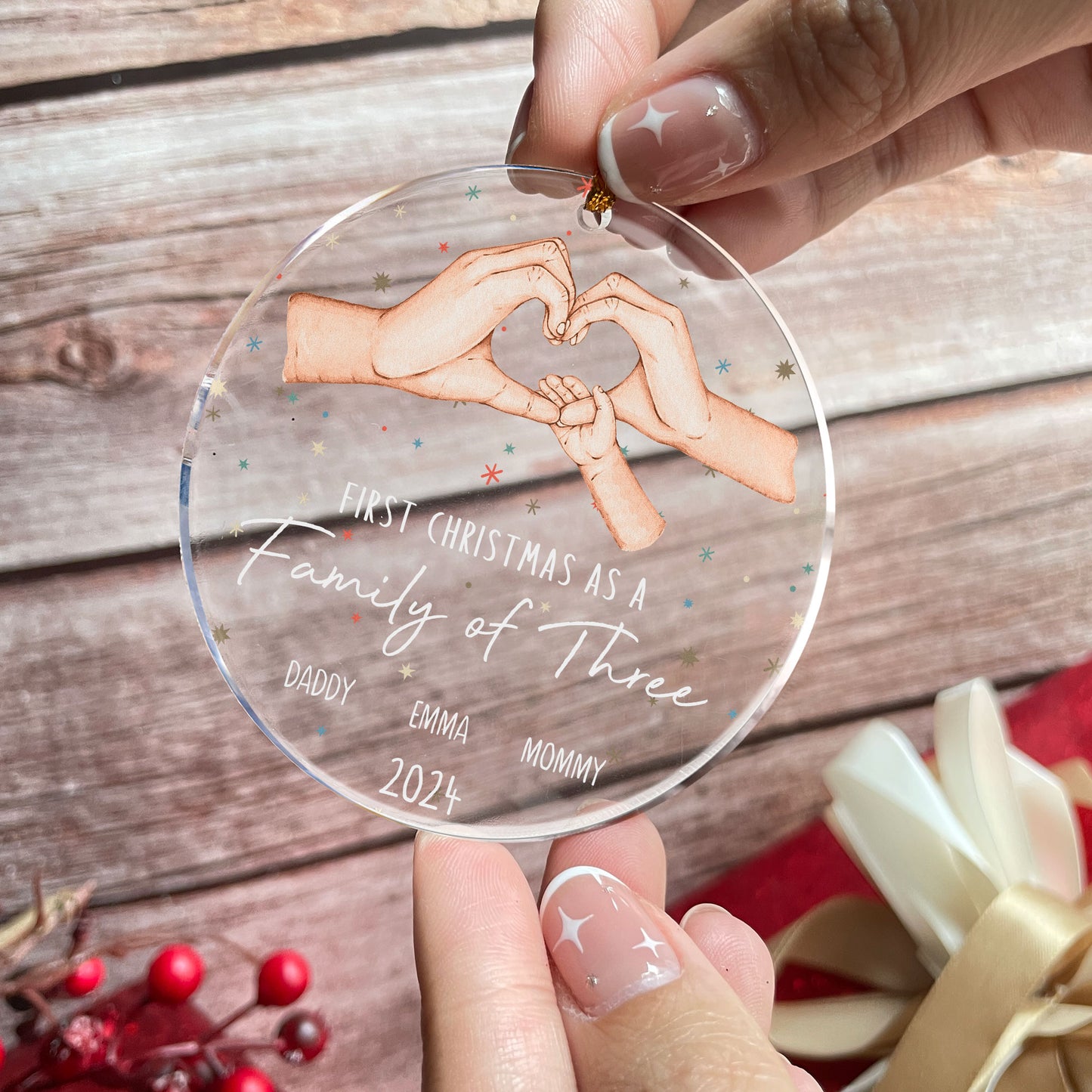 Celebrate First Christmas As A Family Of Three - Personalized Acrylic Ornament