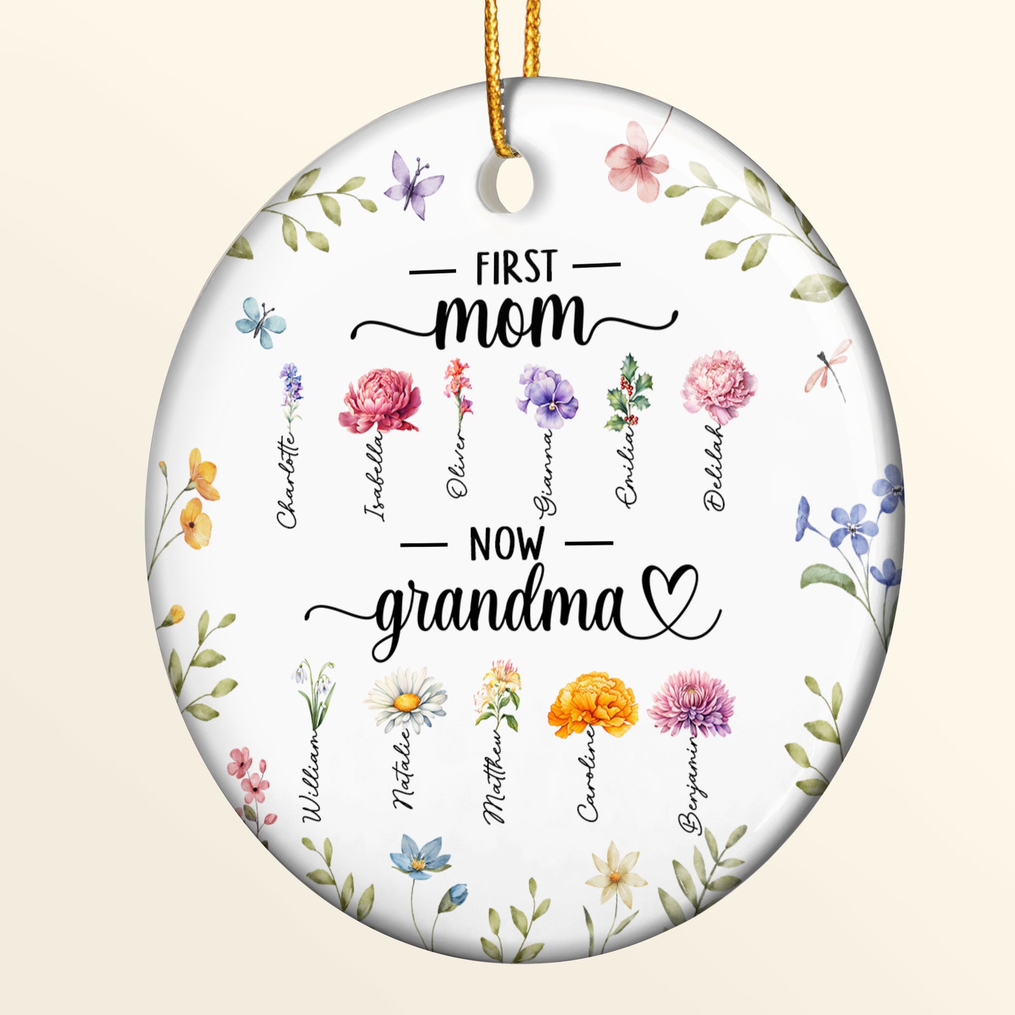 Ceramic Ornament Flowers First Mom Now Grandma - Personalized Ceramic Ornament