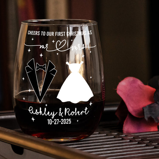 Cheers To Our First Christmas As Mr. And Mrs - Personalized Stemless Wine Glass