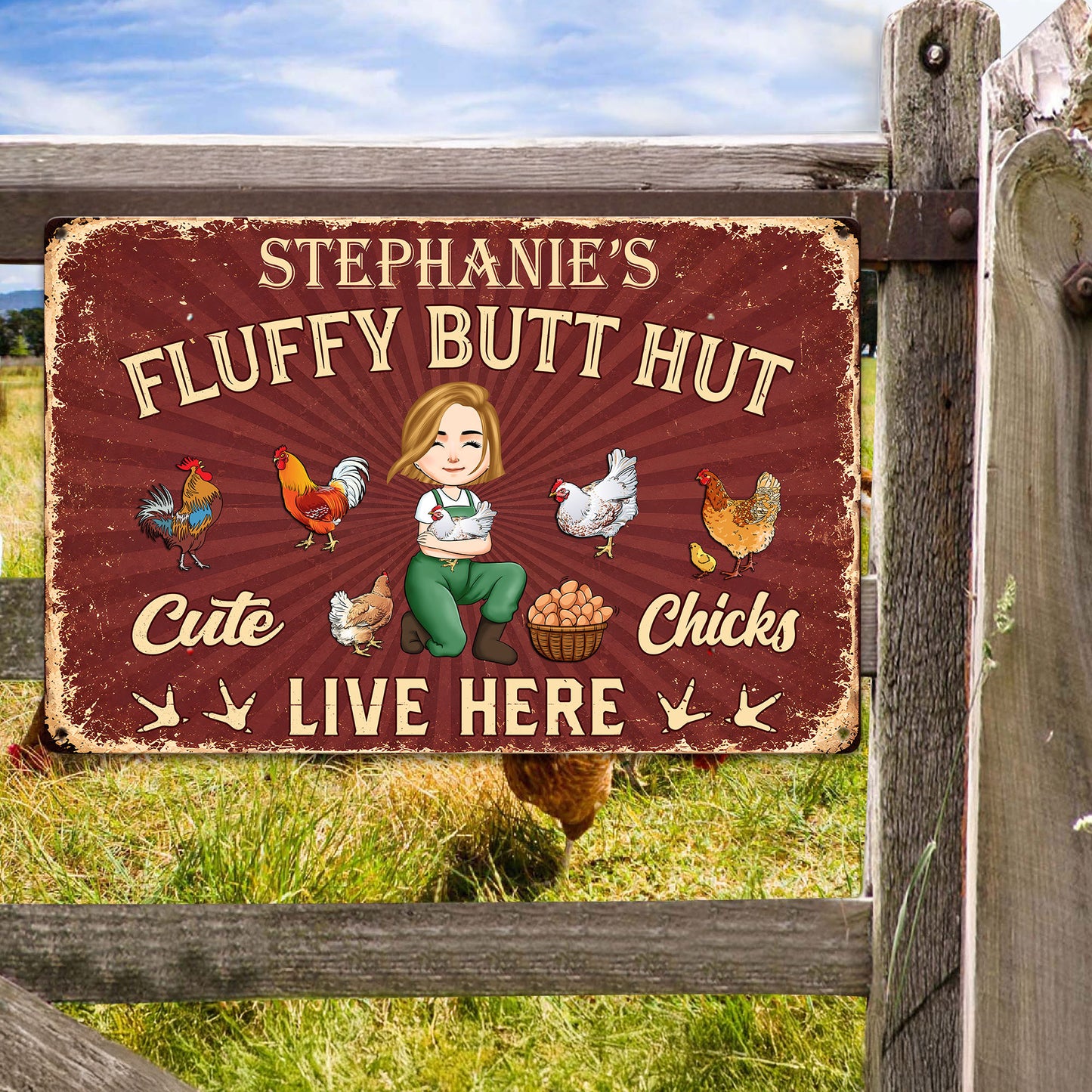 Chicken-Funny-Sign-Fluffy-Butt-Hut-Cute-Chicks-Live-Here--Personalized-Metal-Sign-1
