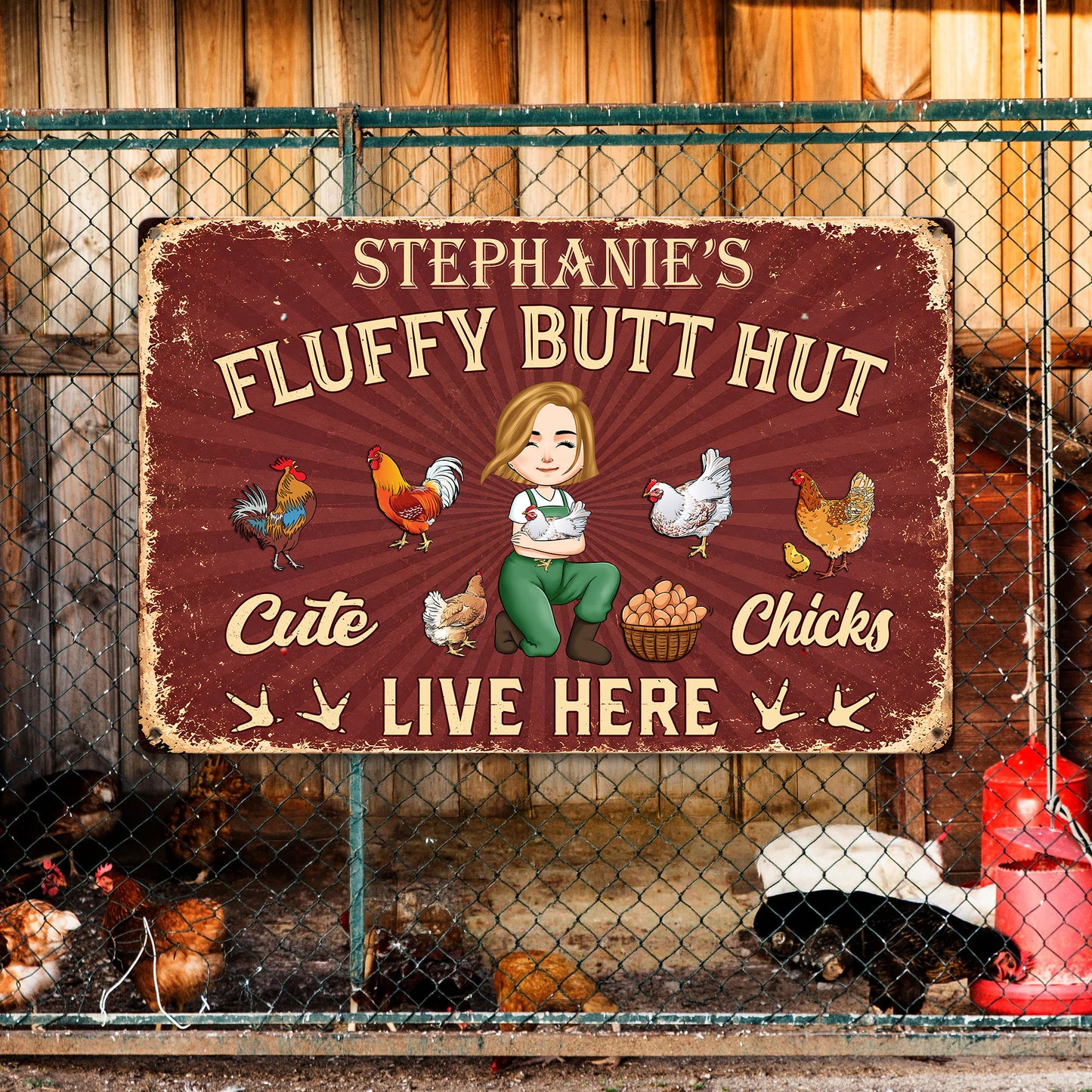 Chicken-Funny-Sign-Fluffy-Butt-Hut-Cute-Chicks-Live-Here--Personalized-Metal-Sign-2
