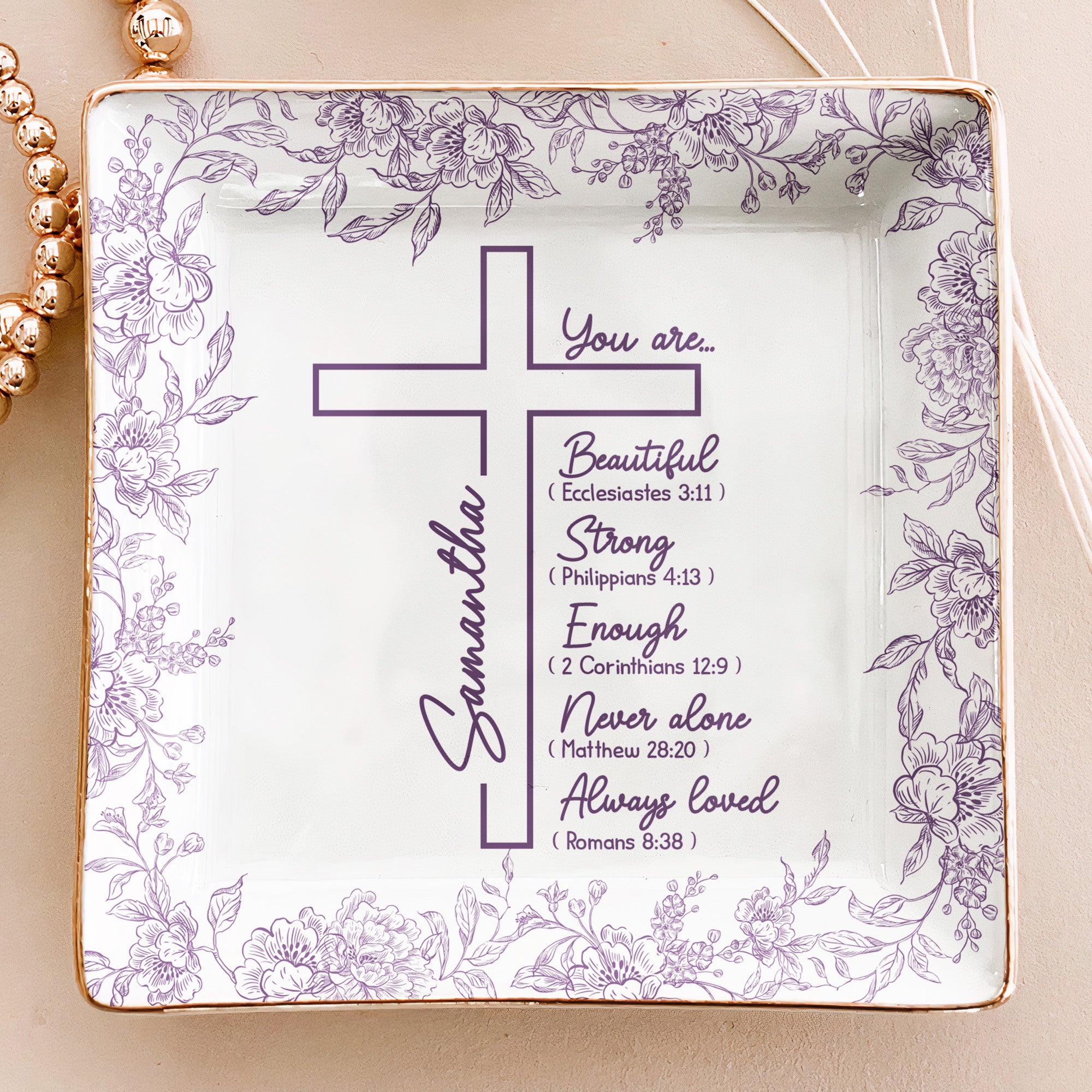 Christ Cross Affirmation Religious Gift For Women Toile De Jouy - Personalized Jewelry Dish