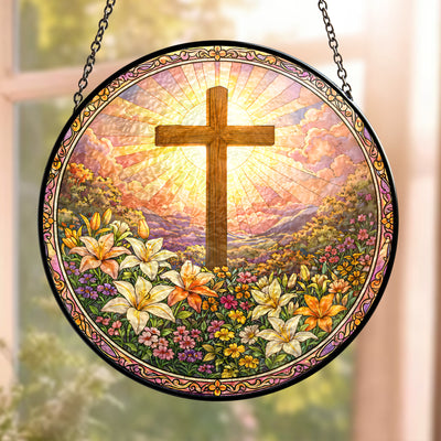 Christ Cross And Wildflowers - Personalized Stained Glass Window Hanging Suncatcher