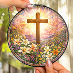 Christ Cross And Wildflowers - Personalized Stained Glass Window Hanging Suncatcher