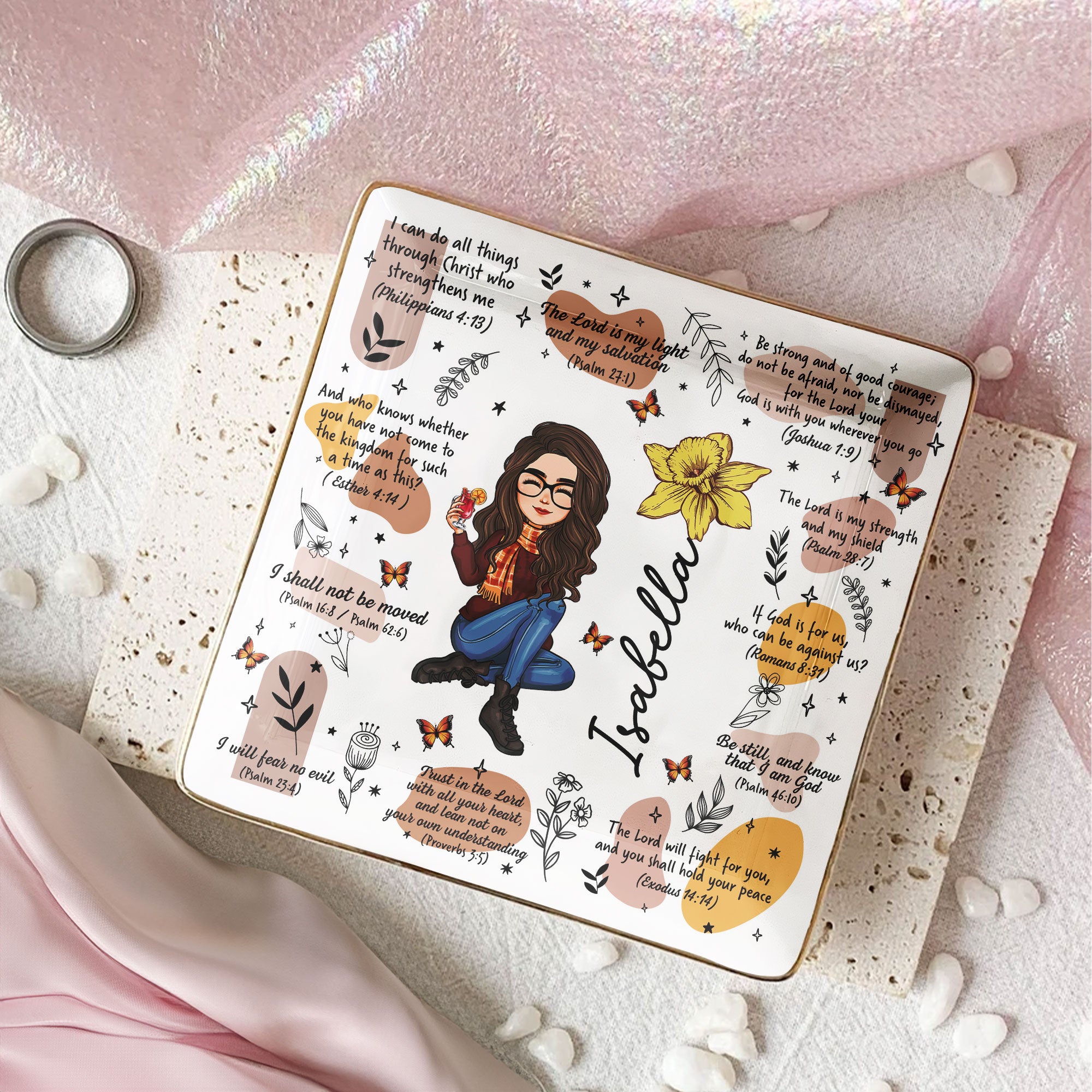 Christian Affirmation Bible Verses With Birth Flower - Personalized Jewelry Dish
