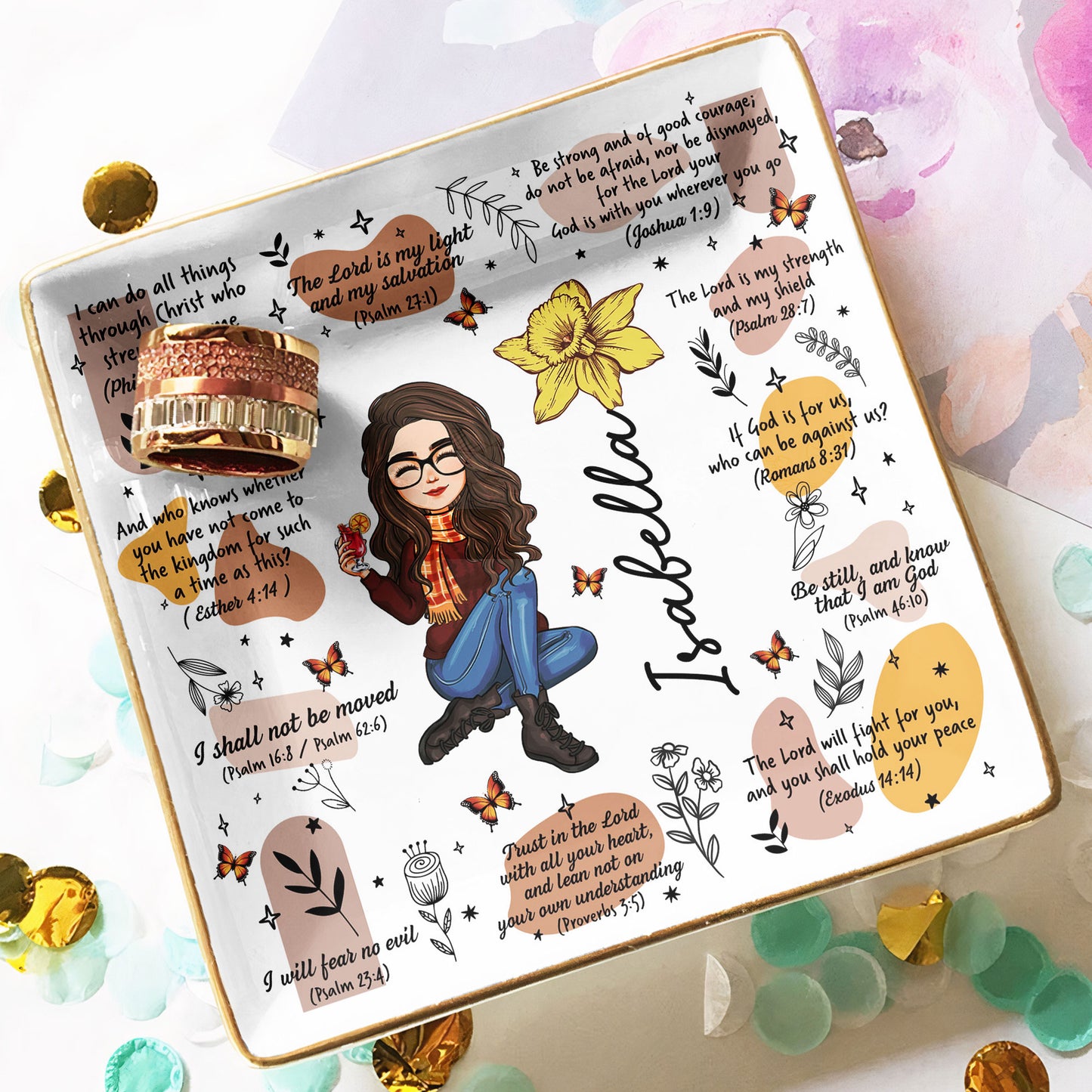 Christian Affirmation Bible Verses With Birth Flower - Personalized Jewelry Dish