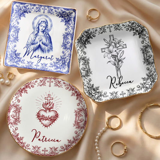 Christian Faith Symbols Toile De Jouy - Personalized Jewelry Dish