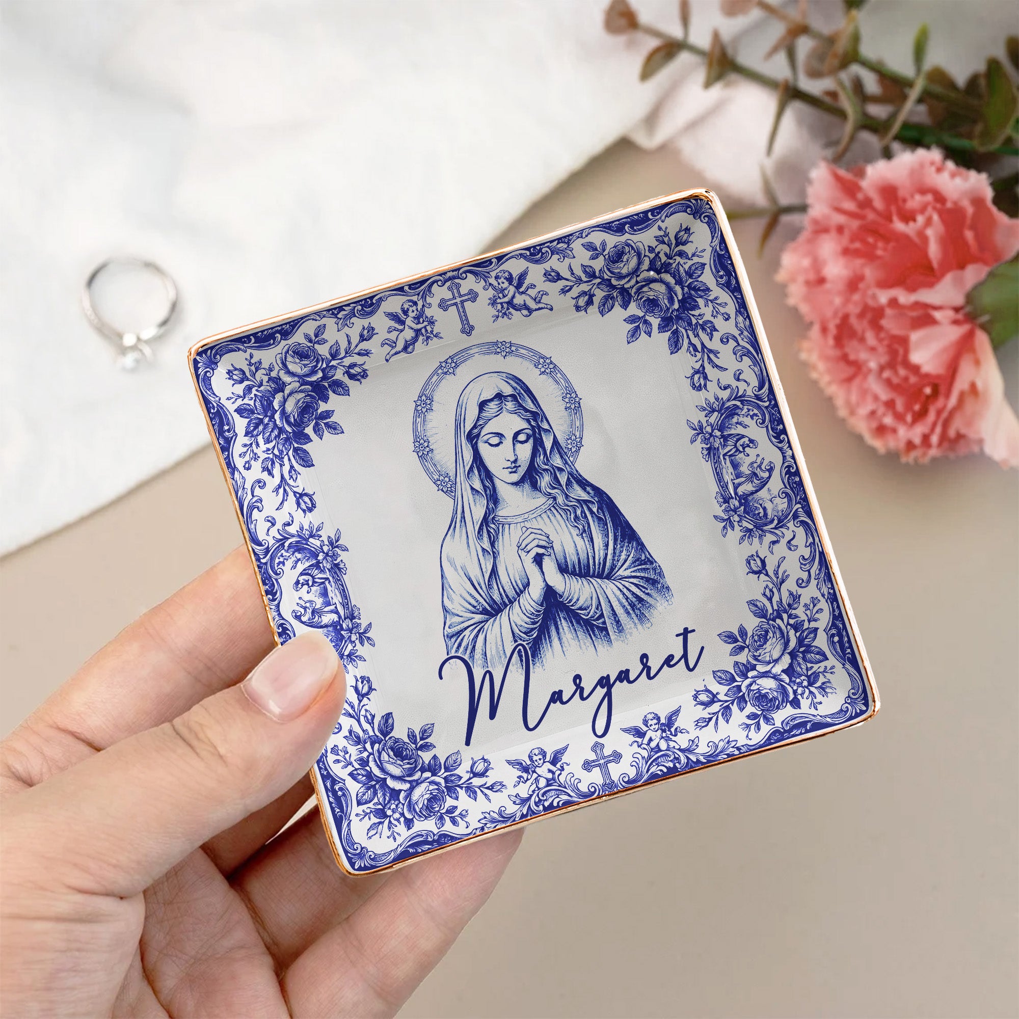 Christian Faith Symbols Toile De Jouy - Personalized Jewelry Dish