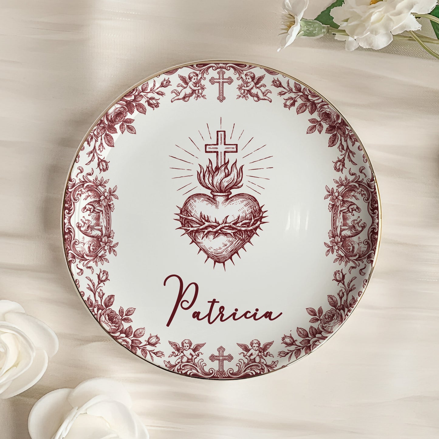Christian Faith Symbols Toile De Jouy - Personalized Jewelry Dish