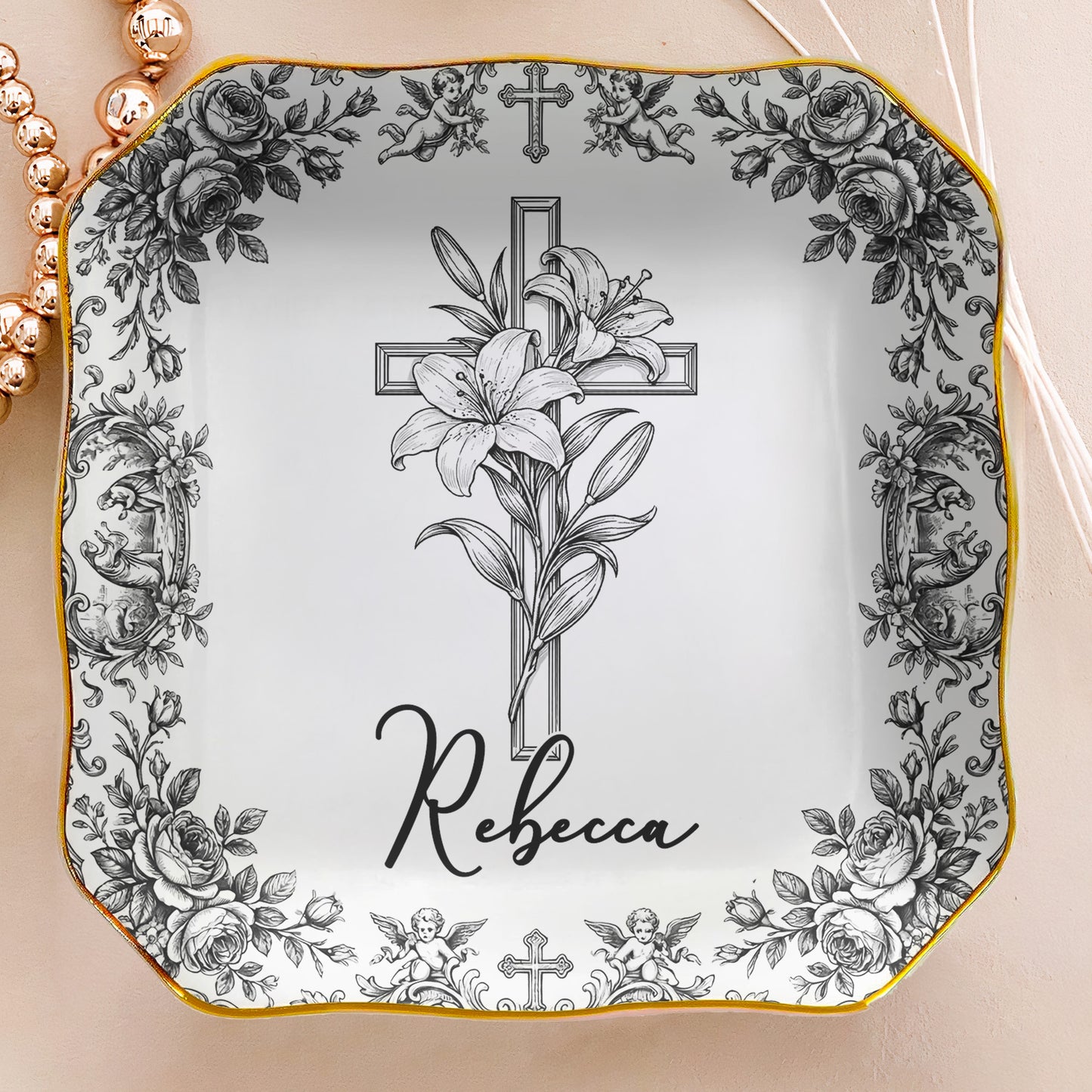 Christian Faith Symbols Toile De Jouy - Personalized Jewelry Dish
